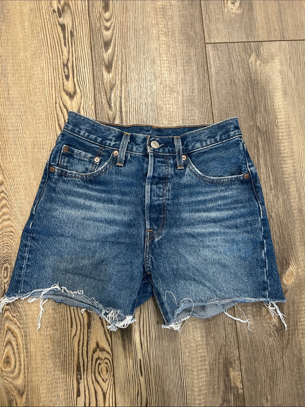 LEVI’s Classic High-Rise Blue Denim Cutoff Shorts- button fly- Size 24